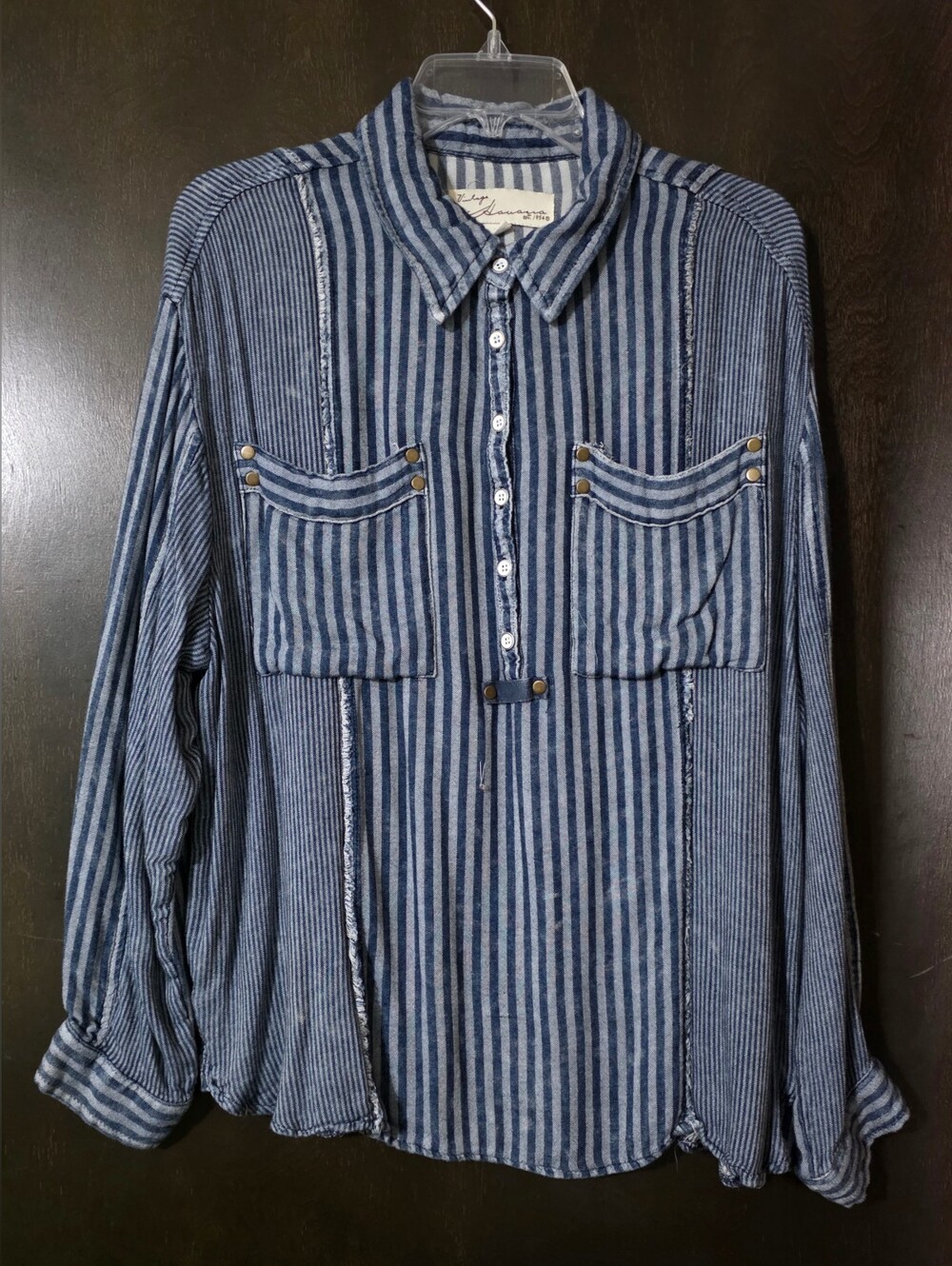 💢4For$20 Vintage Havana Blue Striped Women's Pullover Blouse Relaxed Fit Size M
